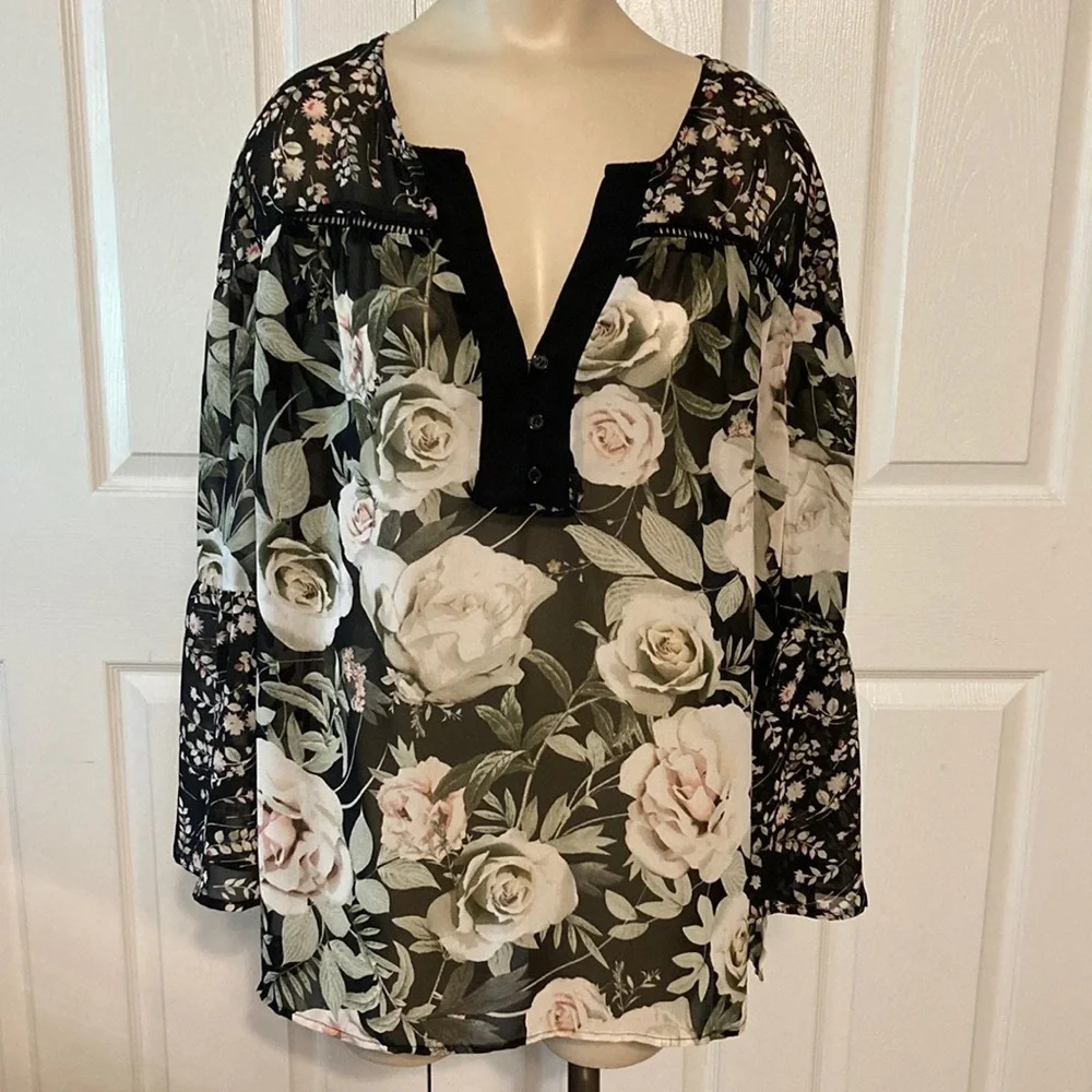 Soho Jeans Semi Shear Floral Bell Sleeve Split Neck Blouse L